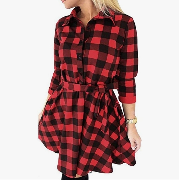Fancyinn Tops - Buffalo Check Flannel Shirt Dress Tunic Red Black Christmas Medium Lumberjack